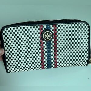Tory Burch Black and White Checkered Wallet with Red and Blue Accents